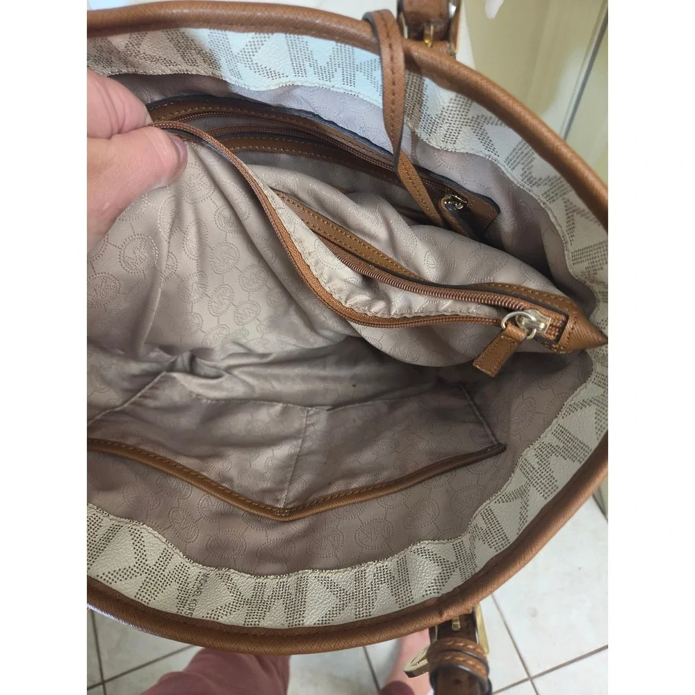 Michael Kors Voyager East West Tote Bag White MK Monogram Brown Trim
